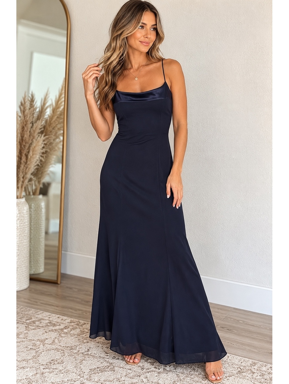 Jones New York Evening Navy Blue Satin Trim Maxi Dress